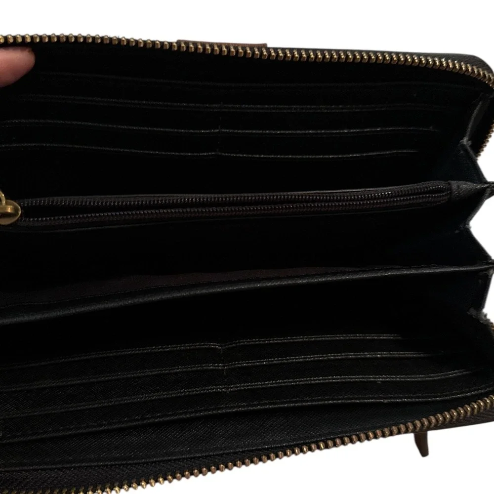 Fossil Black White Geometric Dot Zip Around Wallet‎ Manmade Material